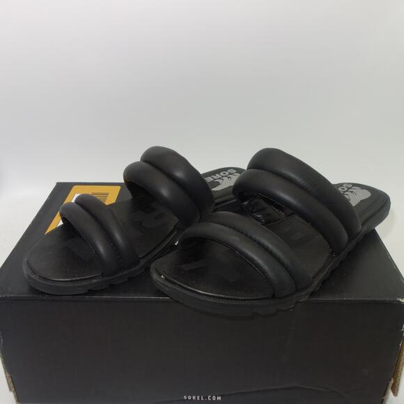 New Sorel Women's 6.5 Ella Puff Black Slides Sandals Shoes - Picture 3 of 8